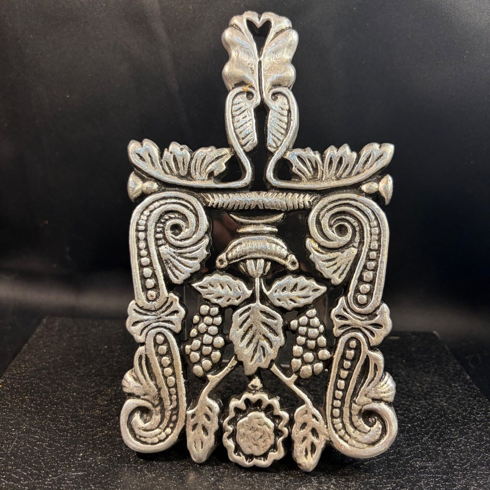 Vintage Cast Metal Trivet Grape & Leaf Scrollwork Silver Tone Victorian Style
